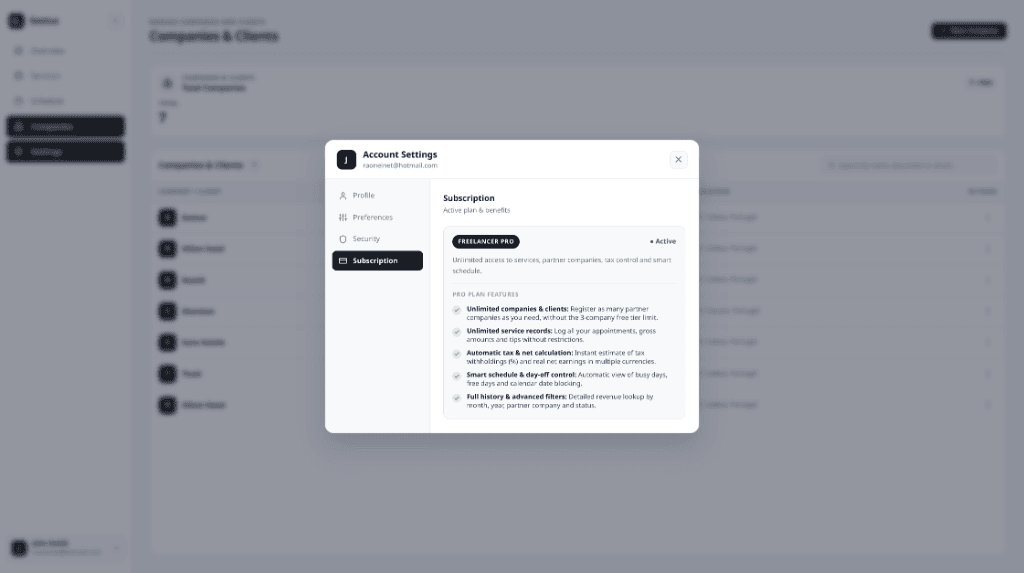 Modal de Configurações da Conta e Funcionalidades do Plano PRO